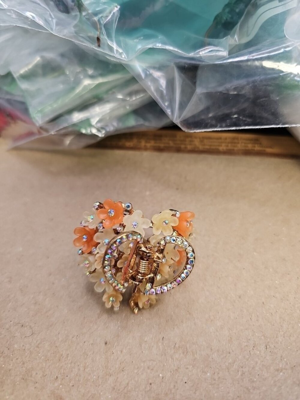 Hair Goods/claw Orange & Cream Flowers A B Rhinestones Goldtone Butterfly  Metal